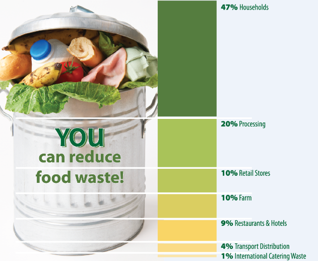 Food waste source diagram. The image explains that 47% of waste is from households, 20% is from processing, 10% is from retail stores, 10% is from farms, 9% is from restaurants & hotels, 4% is from transport distribution, 1% is from international catering waste.